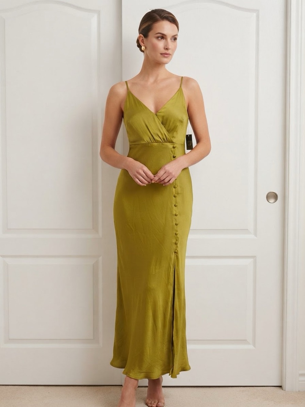 Olive Satin Maxi Slip Dress with Button-Side Slit